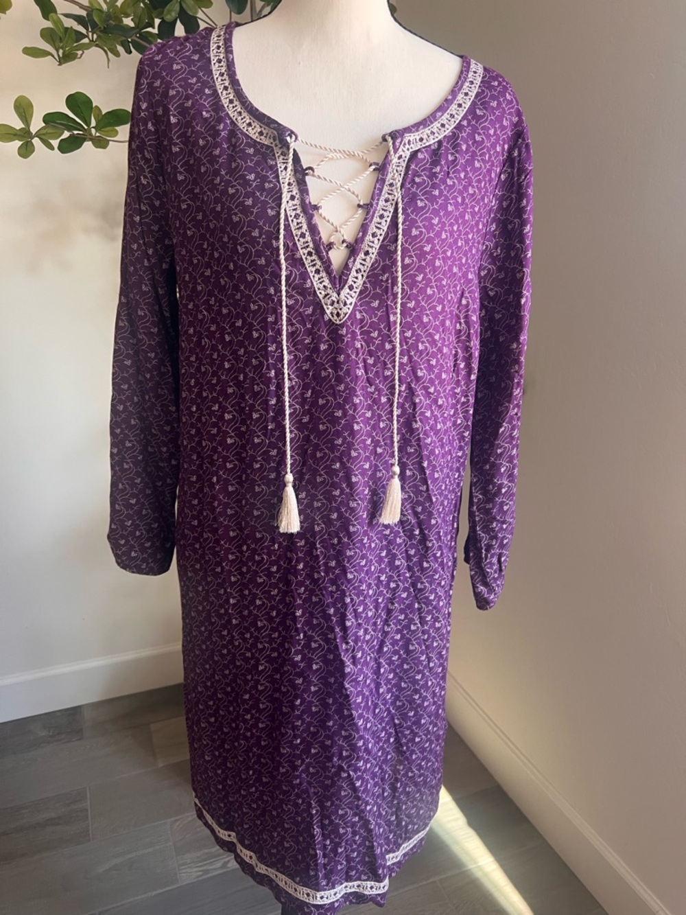 Lucky Brand Purple Lace-Up Floral Print Pattern Tunic Dress Size M